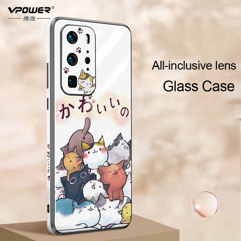 cat Painted Tempered glass Case +frame For Huawei P40 Pro P40 protection phone cases for huawei p 40 pro plus glass cover