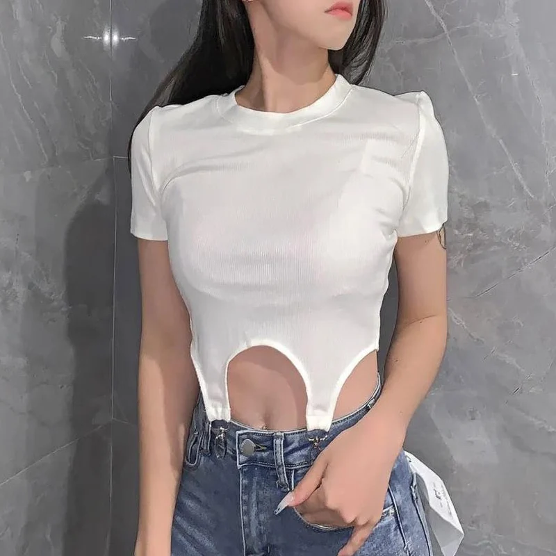 

Summer Women's Clothing T-Shirt Gothic Punk Clothes European Style Street Metal Buckle Short T-Shirts Female Fashion Slim Tops