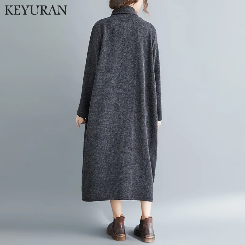 Осенне-зимнее женское пальто платье с длинным рукавом свободное Полосатое