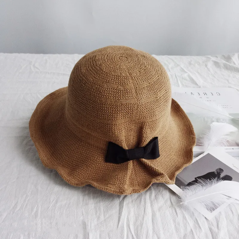 

bow-knot cotton and linen New sun hat in summer New Fisherman hat in Korean edition Foldable hat girl with elegant quality