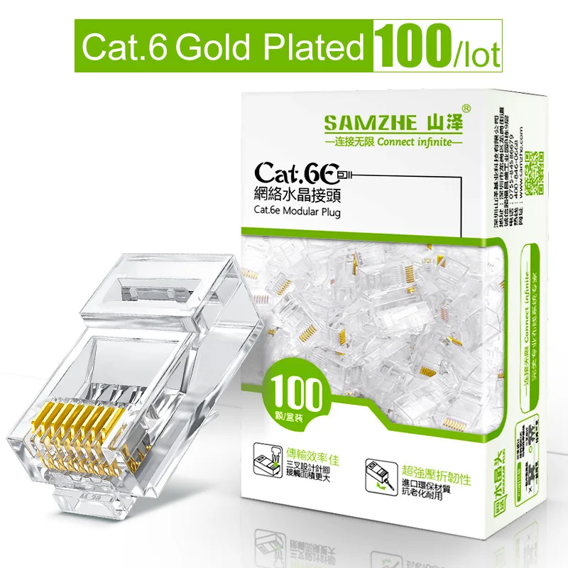 Модульный разъем SAMZHE Cat6 RJ45 8P8C для Ethernet кабеля позолоченные 1 Гбит/с CAT 6 гигабитные