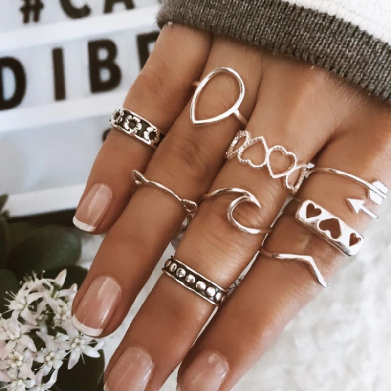 Набор Колец Tocona в богемном стиле золотого и серебряного цвета винтажные полые