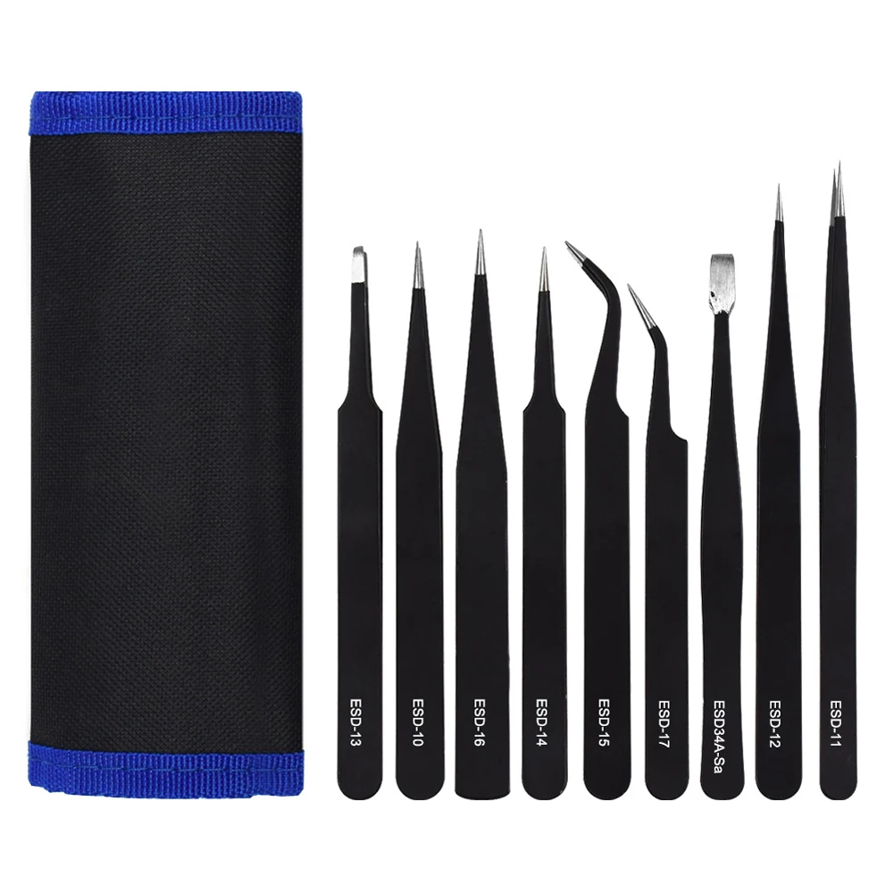 

9pcs Stainless Steel Curved Straight Grip Anti Static For Electronics Clip Pliers Practical Comfortable Handles Tweezers Set