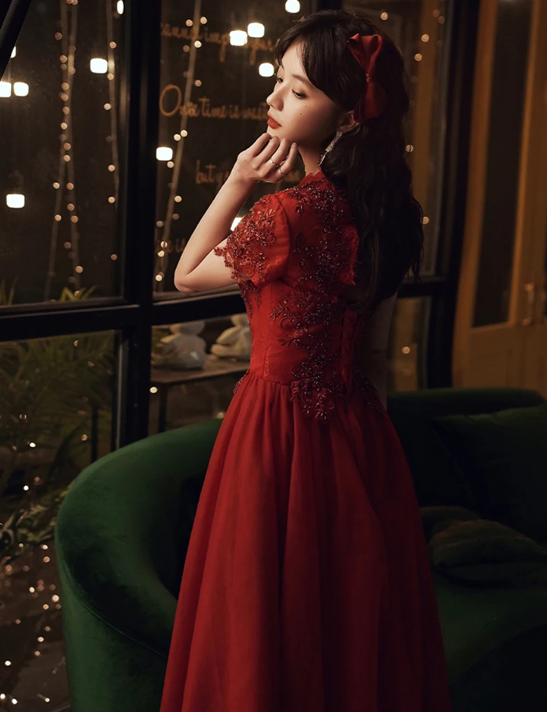 AnXin SH flower wine red lace v neck short sleeve evening dress vintage princess beading sparkly bride party | Свадьбы и торжества