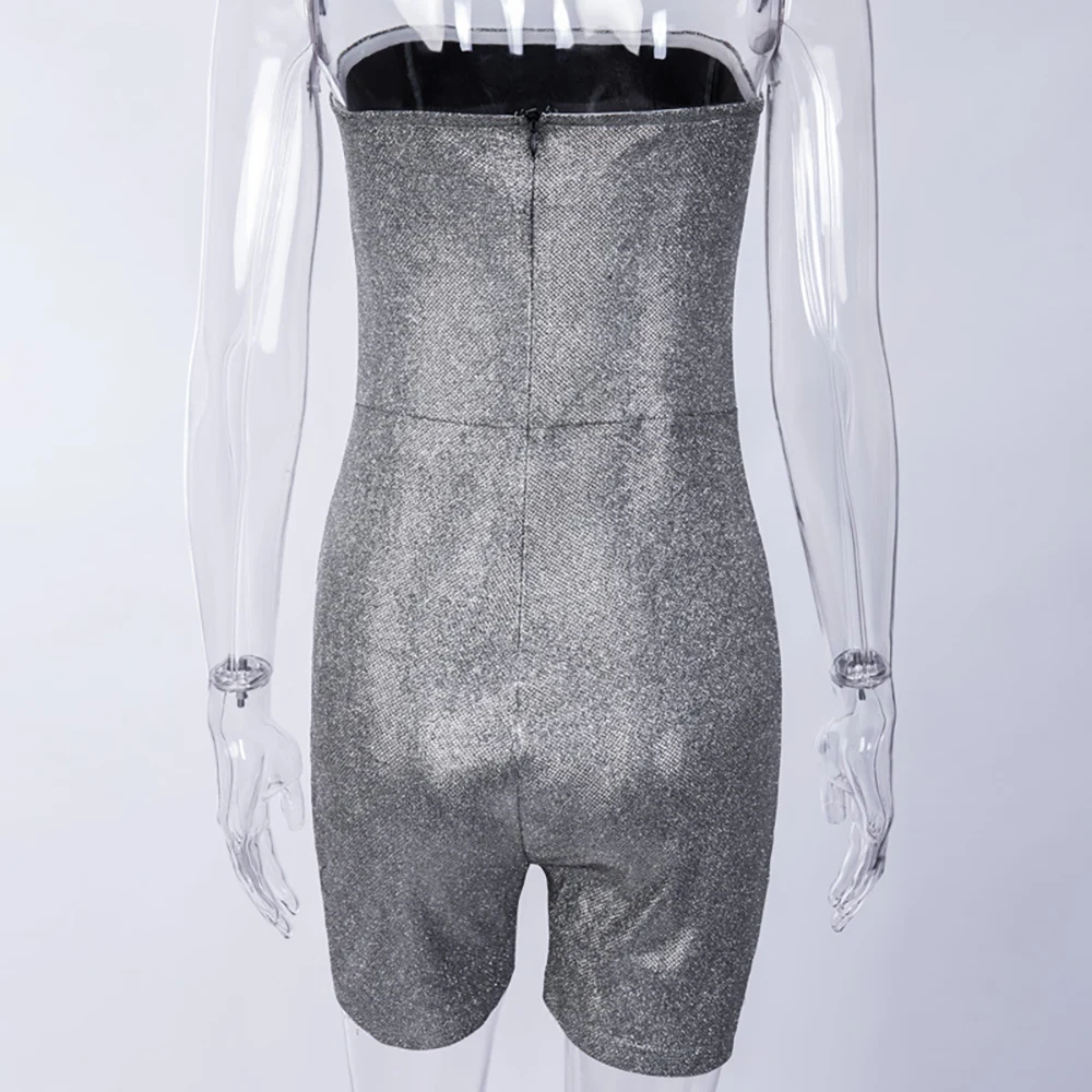 

Sexy Grey Sequins Strapless Bodycon Playsuits Women Backless Rompers Womens Jumpsuit Skinny Casual Sexy Party Club Playsuit