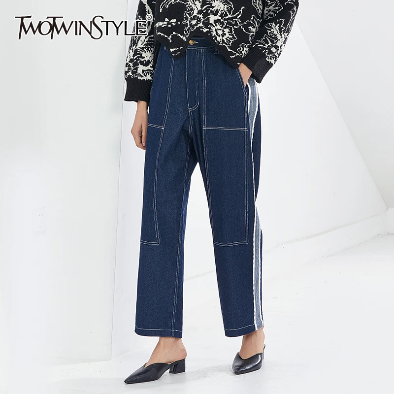 

TWOTWINSTYLE Casual Denim Wide Leg Pants For Women High Waist Patchwork Straight Jeans Female 2020 Fashion New Clothing Autumn