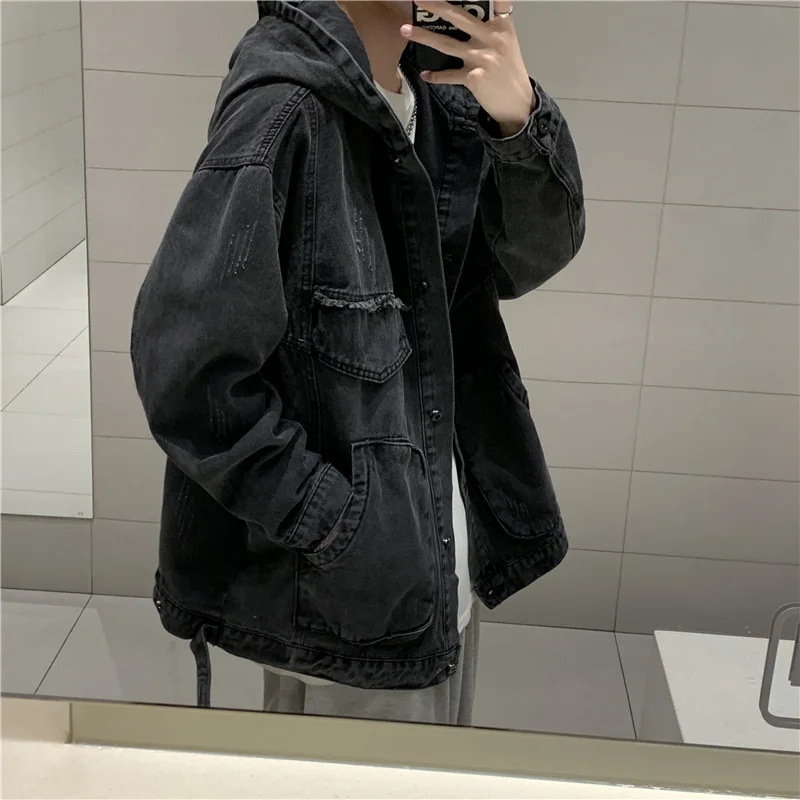 

2021 New Men's Multi-pocket Hooded Denim Jacket Korean Casual Fashion Loose
