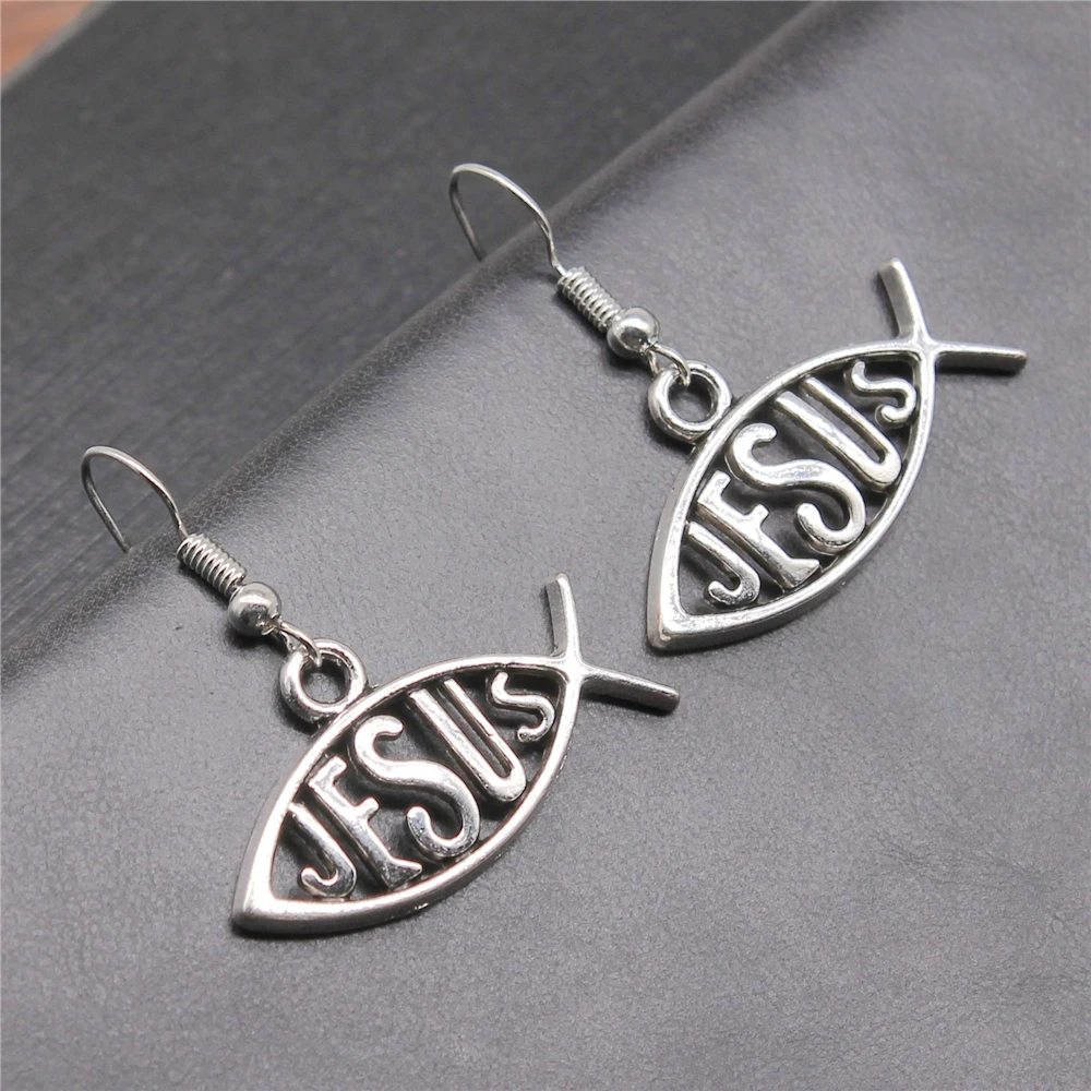 Старинные антикварные серебряные Цвет 29x17 мм христианство рыбы очарование