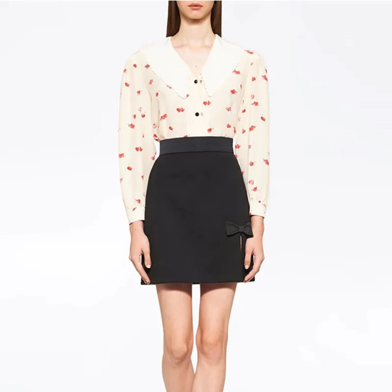 

Женская шелковая блузка с воротником «Питер Пэн», белая однобортная рубашка с длинным рукавом и принтом сердец для ранней осени, 2021