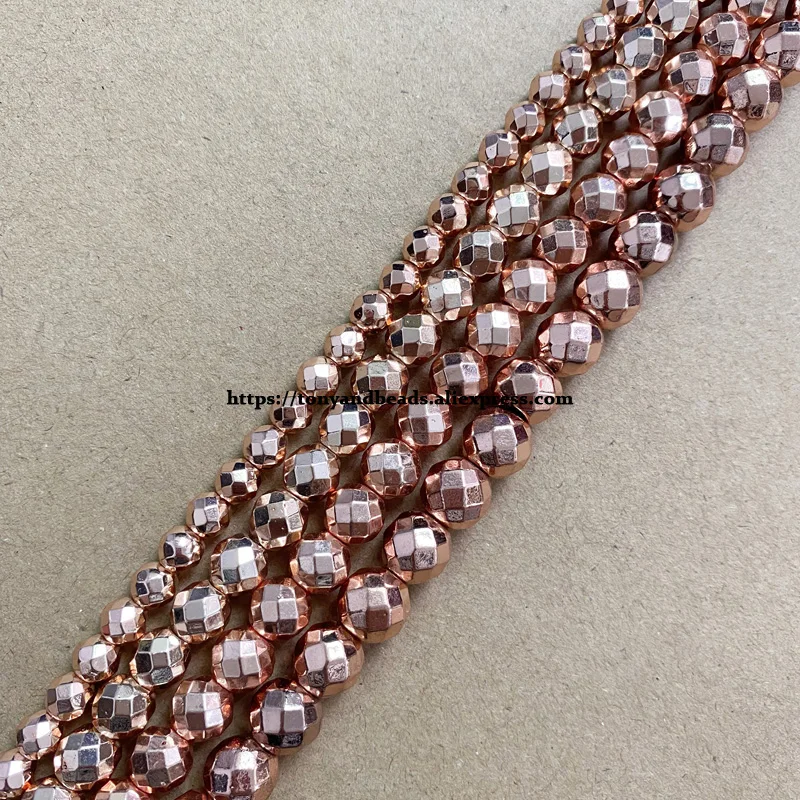 

Faceted Rose Gold Color Plated Natural Hematite Stone Round Loose Beads 4 6 8 10 MM 15" Strand Pick Size For Jewelry Making DIY