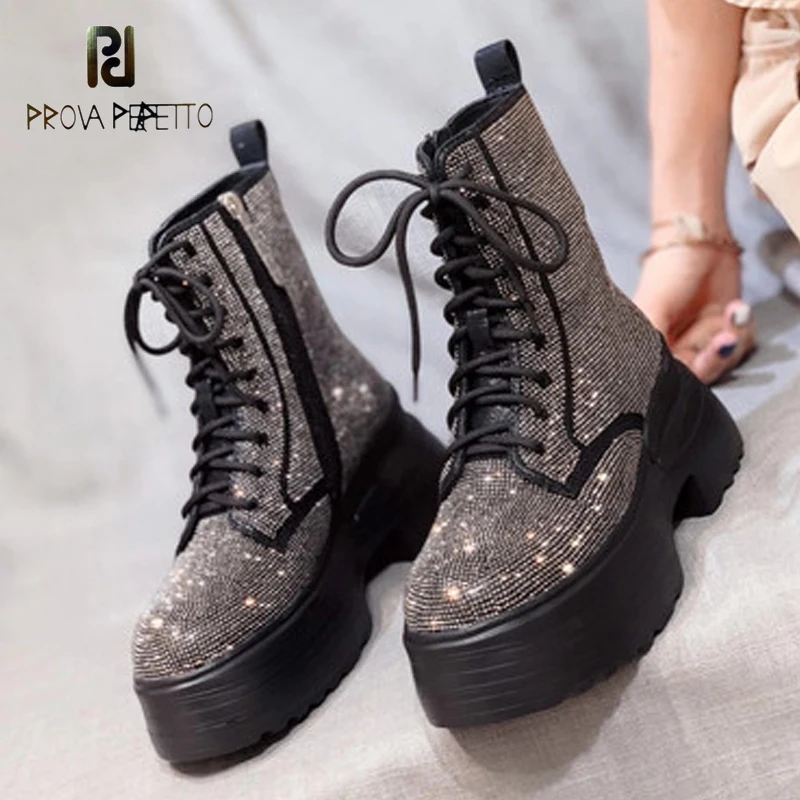 

Rhinestone Short Boots Women 2020 Winter New Lace-up Real Leather Cotton Shoes Round Toe Mid-heel Locomotive Ankle Martin Boots