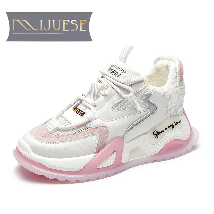 

Женские кроссовки из спилка и сетки MLJUFEE, розовые повседневные кроссовки на шнуровке, с радужной платформой и вулканизированной подошвой, ...