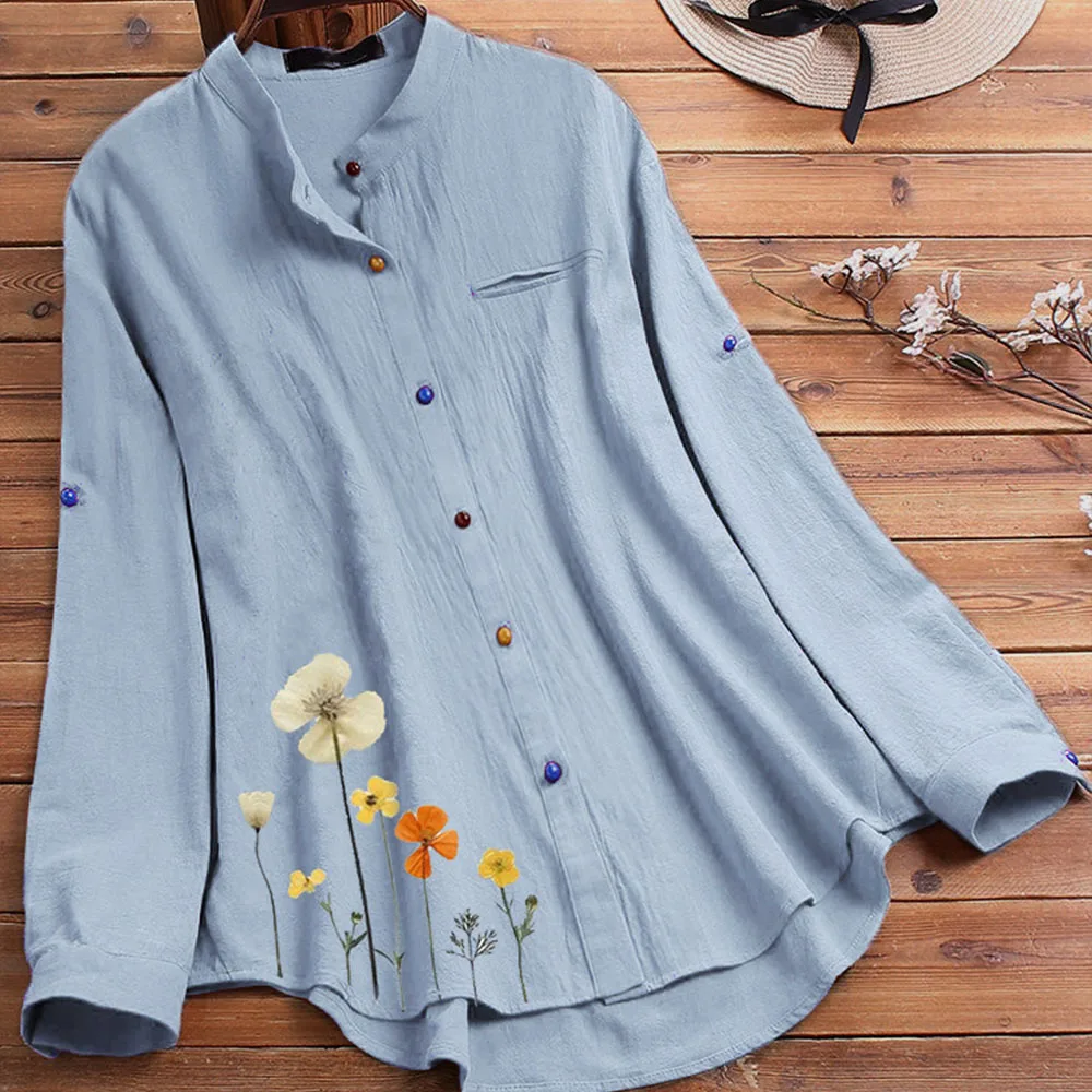 

Hot Sale New Style Printed Shirt, Stand Collar Color Button Shirt Women