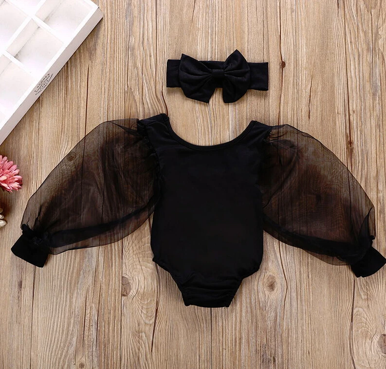 

New Infant Kids Girls Bodysuits Lace Puff Long Sleeve Solid Jumpsuits Baby Bodysuits One-Pieces Clothes