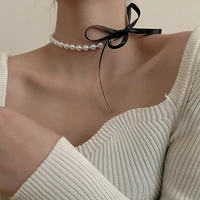 sweet bowknot pearl necklace for ladies elegant ribbon girls clavicle collar chain korean style adjustable choker jewelry women