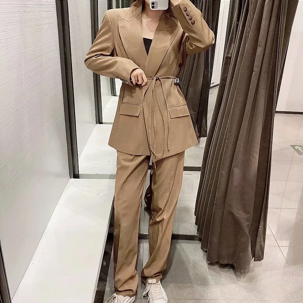 

XN New 2020 women solid notched collar blazer ladies long sleeve cardigan lace up chic suits causal stylish outwear coat tops
