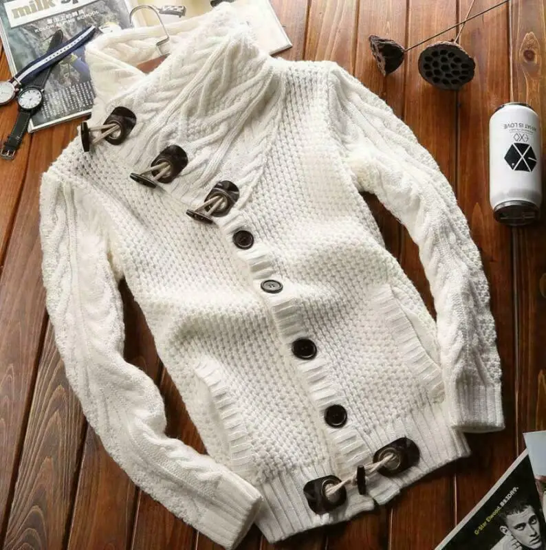 New Mens Collared Cardigan Sweater Shawl Warm Knitted Jumper Toggle Duffle Out | Мужская одежда