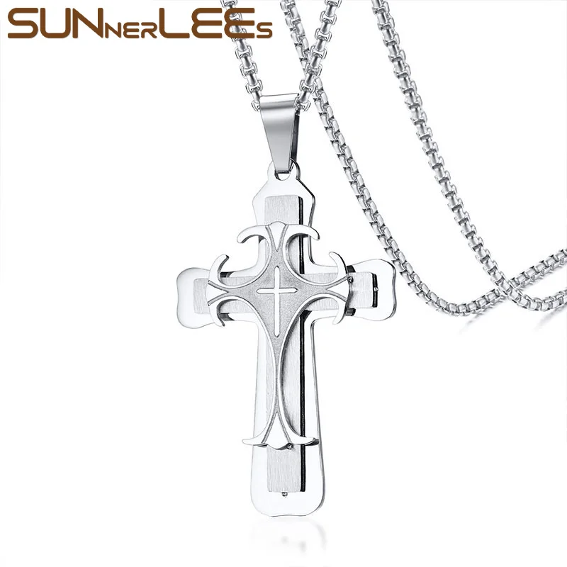 SUNNERLEES 316L нержавеющая сталь Иисус Христос крест ожерелье со свисающими бусинами