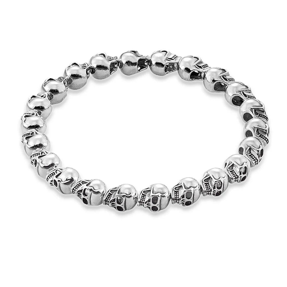 Браслет из стерлингового серебра 925 пробы с черепом и бусинами эластичный