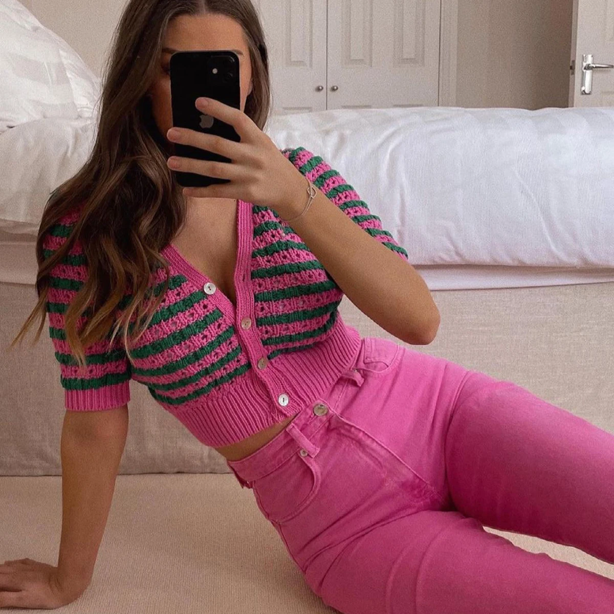 

Jastie 2022 осенний женский свитер Топ 2022 новый вязаный полосатый свитер с v-образным вырезом с коротким рукавом в стиле ретро однобортный коротк...