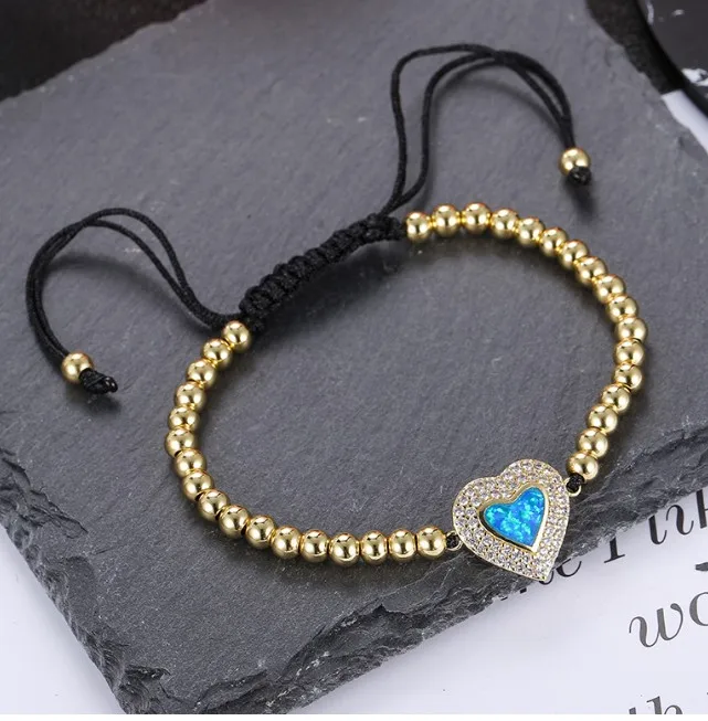 gold silver rose gold micro pave Cubic Zirconia cz zircon rope adjusted Macrame Blue Opal bracelet uth4 heart Braided  Bangles