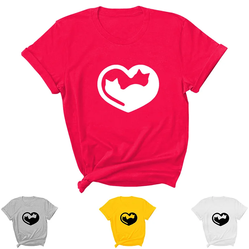 

Cat Heart Print Women T Shirt Short Sleeve O Neck Loose Women Tshirt Ladies Tee Shirt Tops Clothes Camisetas Mujer