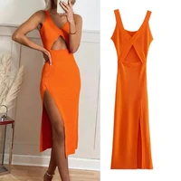 dress fashion simple stretch tight v neck hollow women dress 2021 summer new style 100 cotton chic street party dress women