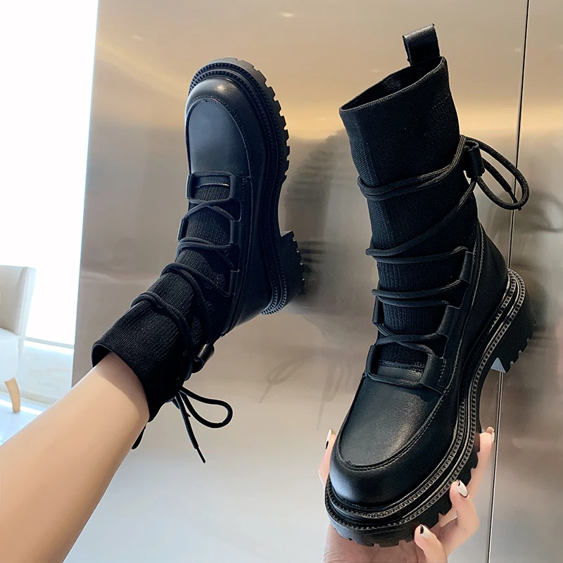 

Женские мотоциклетные ботинки, черные ботинки из мягкой кожи на танкетке, со шнуровкой, на зиму, 2021