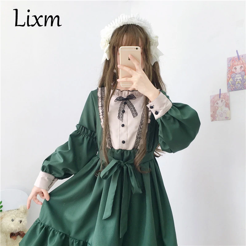 

Kawaii Lolita Dark Green Maid Style Japanese Lolita Daily Dress Cute Ruffle Stitching Long-sleeved Dress Girl Autumn Winter