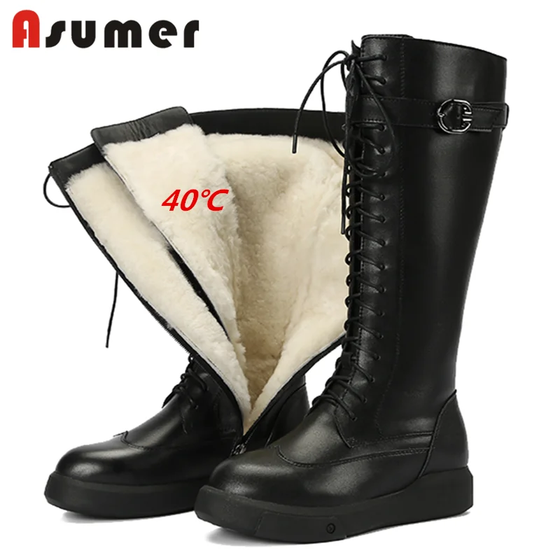 

Asumer 2021 newest genuine leather knee high boots women winter flat shoes buckle fashion warm winter wool snow boots woman