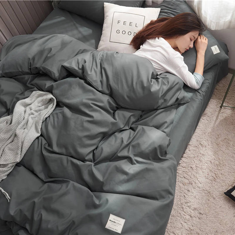 

2021 new solid color two-piece skin-friendly cotton four-piece bed sheet style Nordic simple style queen-size bedspread bed cove