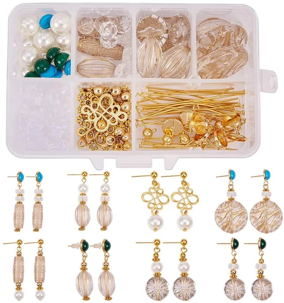 

1 box of DIY8 pairs of jewelry set gold metal inlaid bead pendant earrings making beginner art supplies adult female girls