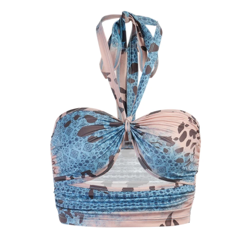 

InstaHot Panelled Halter Crop Top Print Hollow Out Tank Tops Sexy Bra Backless Casual Summer 2021 Female Slim High Street Vest