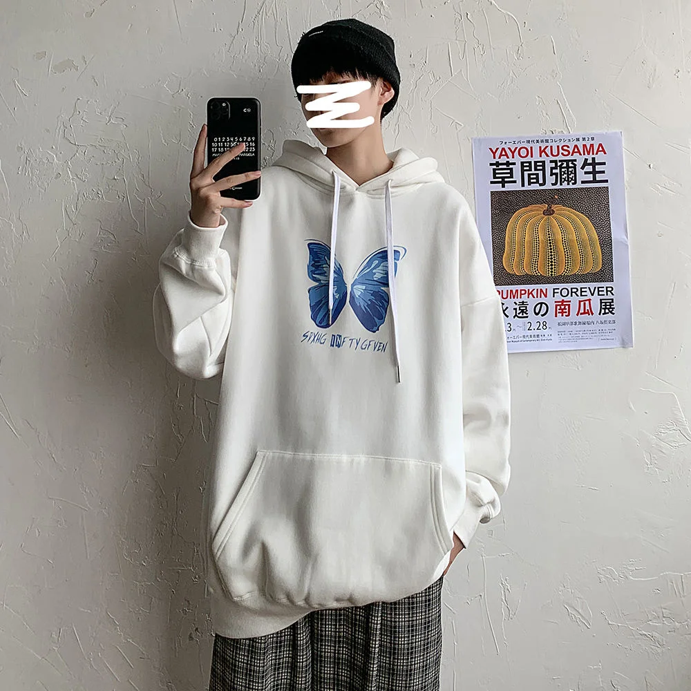 

INXYZ Korean Version Casual Men Hoodie Butterfly Print Pattern Casual Loose Couple Pullover Women Thick Autumn Winter Warm Top