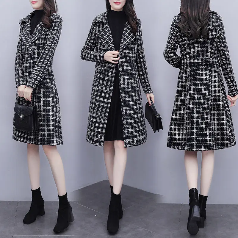 

Double Breasted Autumn Women's Clothing 2021 Plus Size Fashion Lapel Long Sleeve Solid Color Plaid Woolen Coat Trend Trench M636