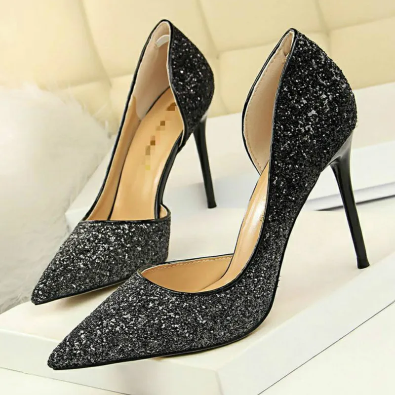 

MPD Ladies Semi-open Pointed Personality Sequins Sexy Banquet Shoes Fashion Joker Shallow Comfortable High Heels Womans Shoes