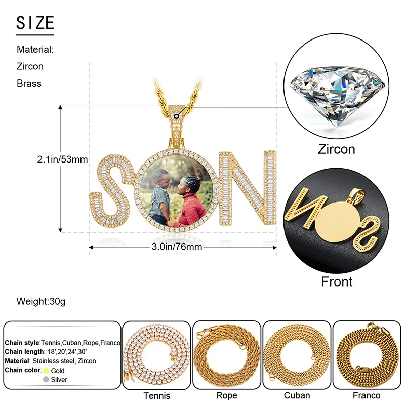 

Round SN etters Custom Made Photo Pendant Necklace Mens For Hip hop Rock Jewelry Medallions Memory Name Engraved Pendant