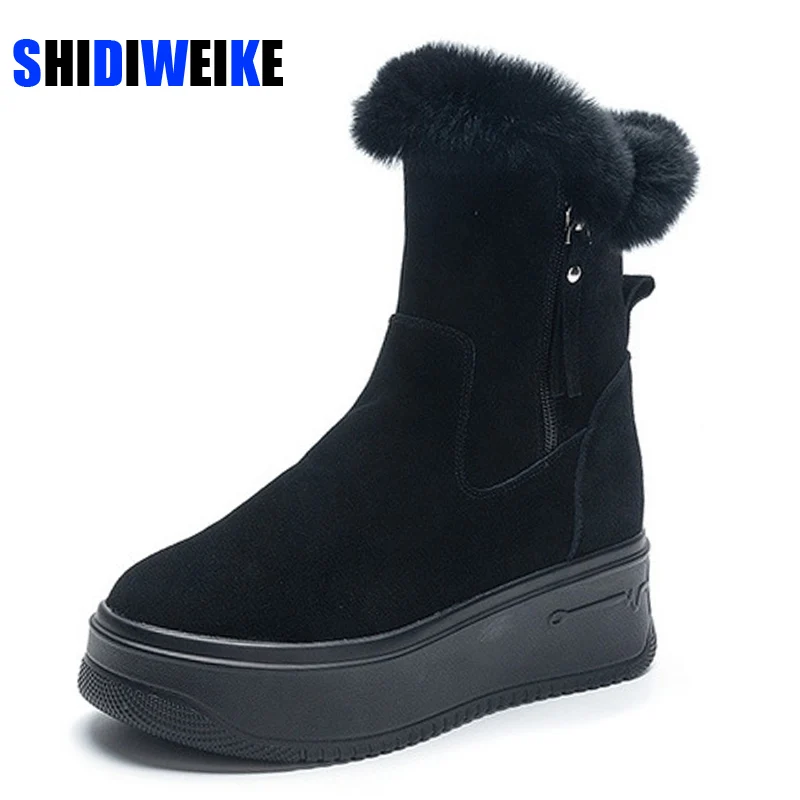 

New Women Fashion Warm Winter Snow Boots Stylish Ankle Boots Wedge Platform 8CM Cow Suede Boots Botas De Mujer AD732