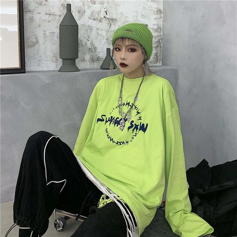 NiceMix Harajuku Однотонная одежда футболка с длинным рукавом женская пламени буквенным