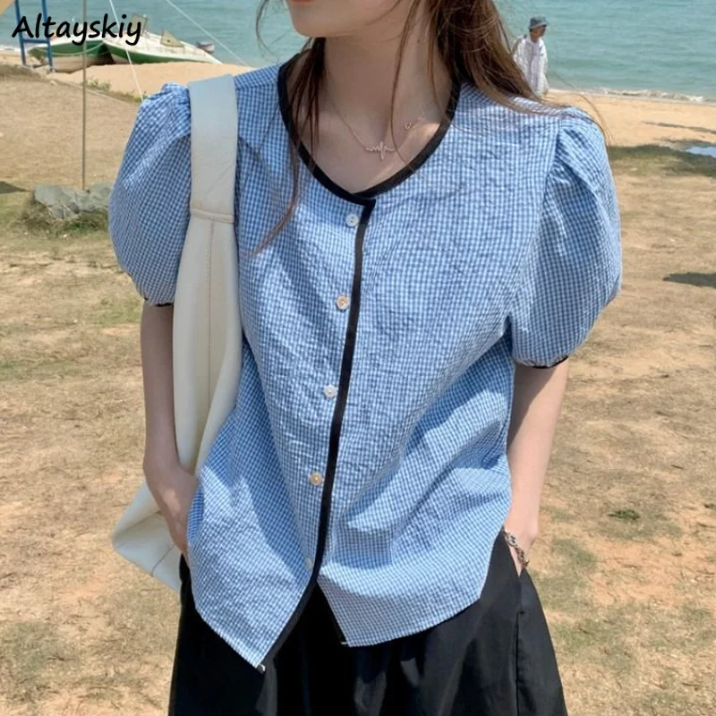 

Women Shirts Short Puff Sleeve Plaid Fashion O-neck Temper Casual Teens Simple All-match Blouses Elegant Princess Retro Tender