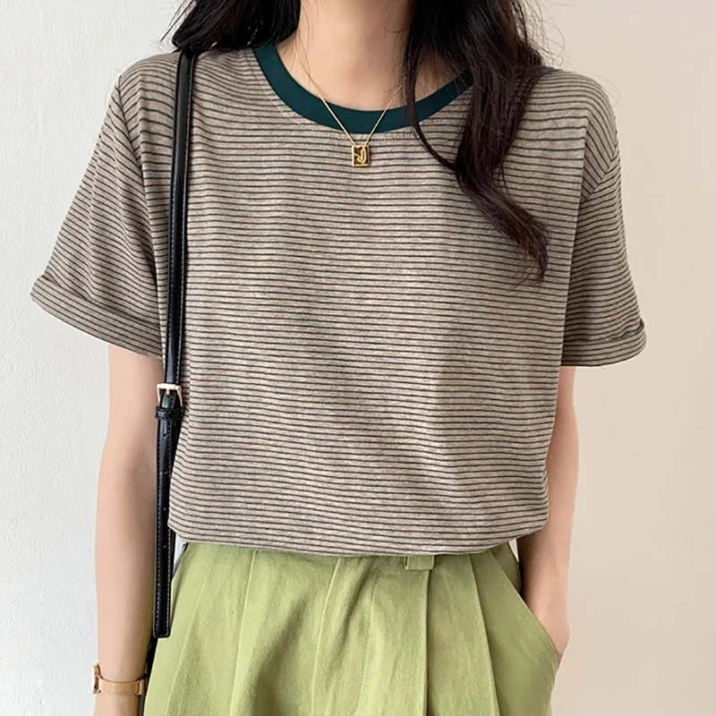 

Женская свободная футболка в полоску, базовая модная футболка с коротким рукавом и круглым вырезом в Корейском стиле, лето 2022