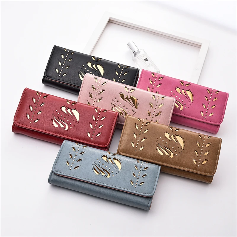 

Women Wallet PU Leather Purse Female Long Wallet Gold Hollow Leaves Pouch Handbag For Women Coin Purse Card Holders Clutch