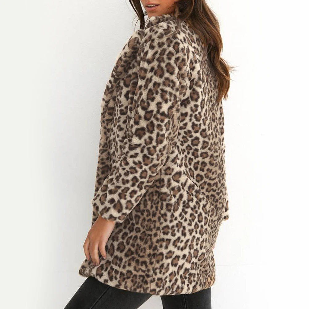HEFLASHOR 2019 Leopard Printed Coats Casual Furry Notched Winter Coat Women Lapel Collar Long Parkas Sexy Slim Outerwear | Женская