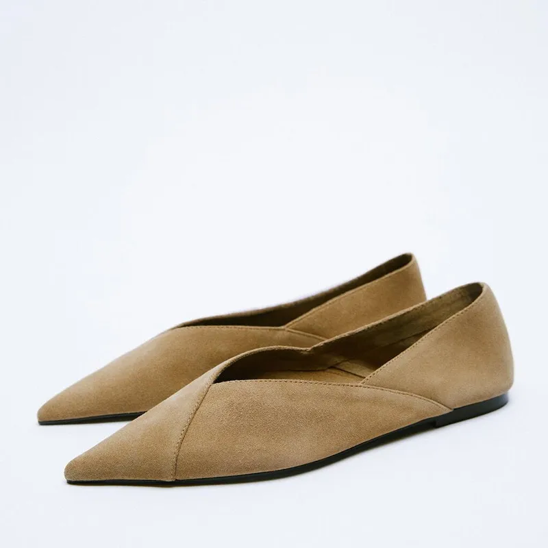 

Women Flats Flock Leather Pointed Toe Solid Color Apricot Lady Flat Heel Shoes zapatillas mujer