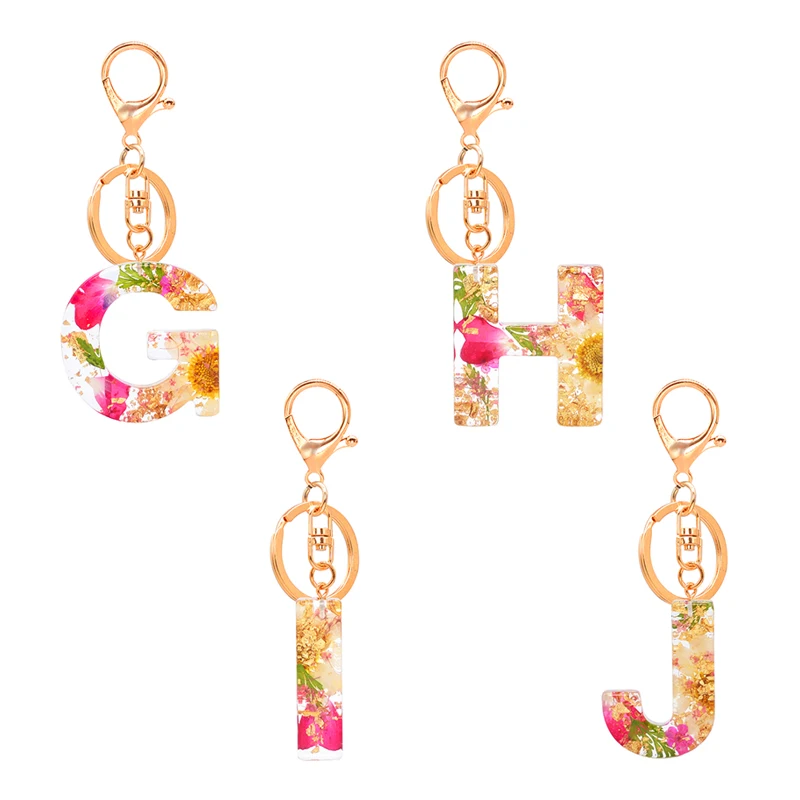 

A-Z Letter Pendant Keychains Resin Key Chains Rings Women Car Acrylic Glitter Dried Flower Alphabet Keyring Holder Charm Bag
