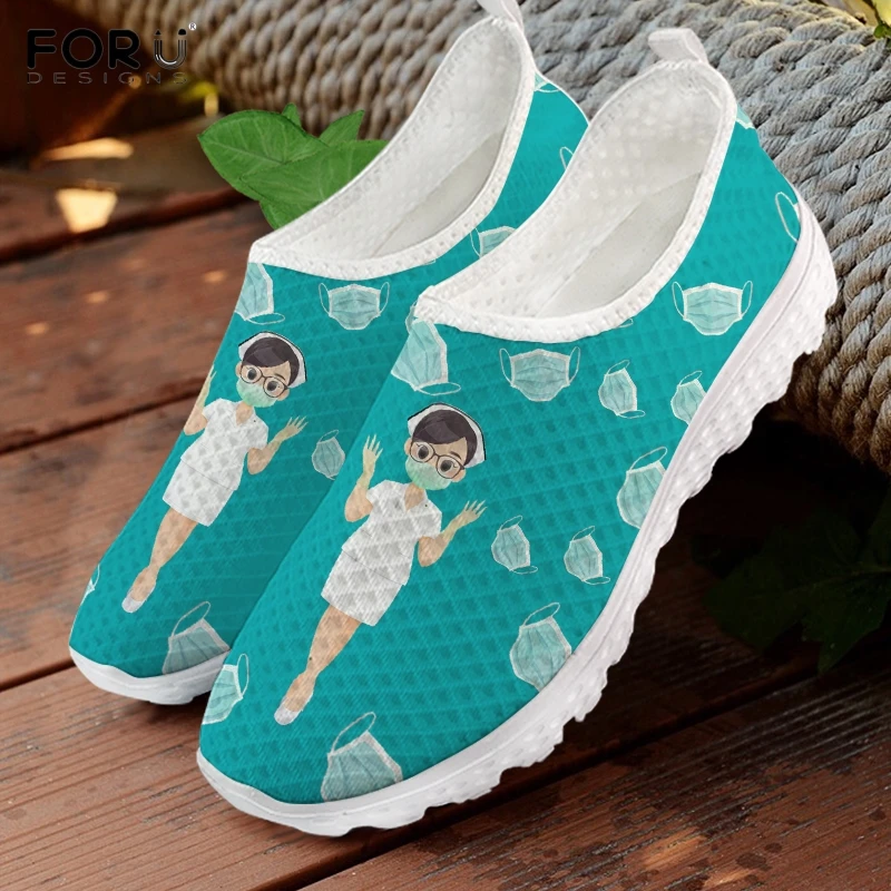 

FORUDESIGNS Women Slip On Sneakers Cute Cartoon Nurse Pattern Ladies Summer Light Shoes Green/Blue/Orange Casual Flats Shoes