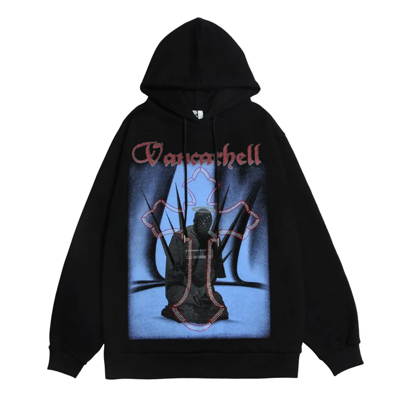 

Winter Cross Rhinestone Punk Fleece Men Hip Hop Hoodies Pullover Cotton Oversized Hooded Sweatshirt Gothic Clothes Sweat Capuche