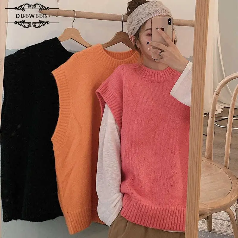 

DUEWEER Sweaters Knitted Vest Womens O-neck Solid Long-style Candy Color Teens Streetwear Korean Style All-match Women Sweater
