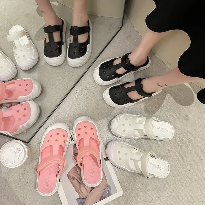 

Flat Shoes Women 2021 Summer New Baotou Nurse Flat Sandals White Hole Shoes Women's Soft Bottom Half Slippers Sandals