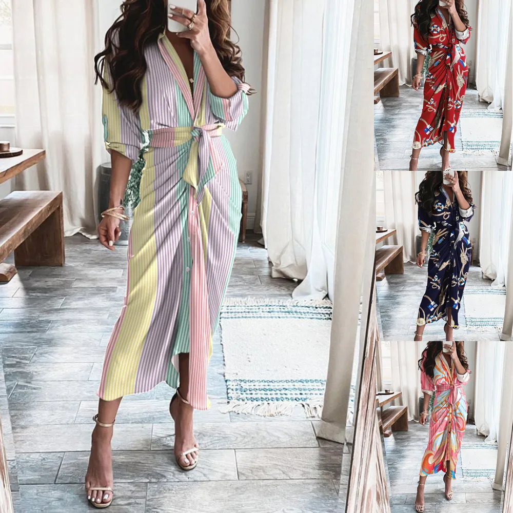 

2021 Summer Long Sleeve V-neck Button Print Dress Long Skirt Women